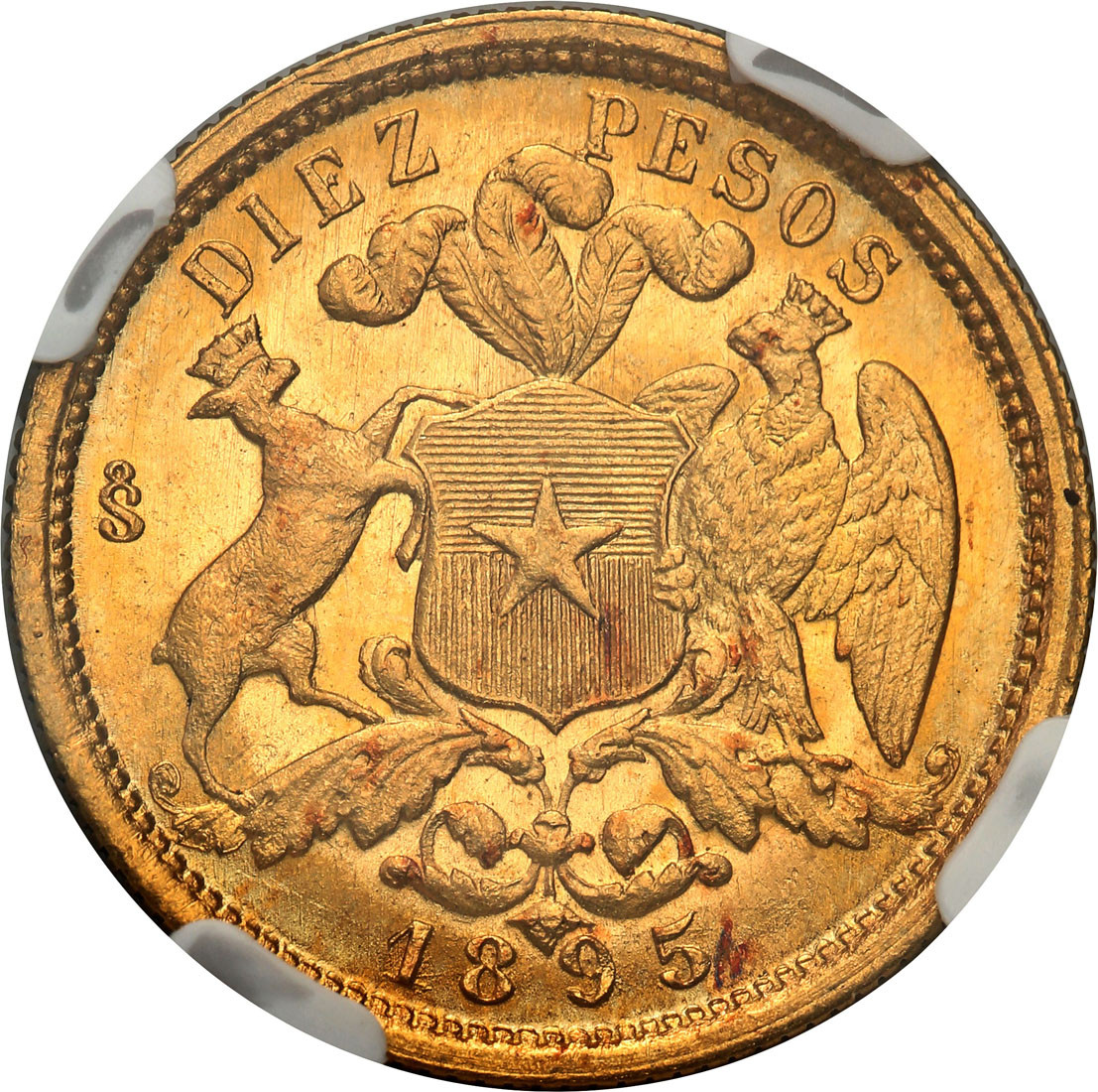 Chile. 10 pesos 1895 SO, Santiago NGC MS65